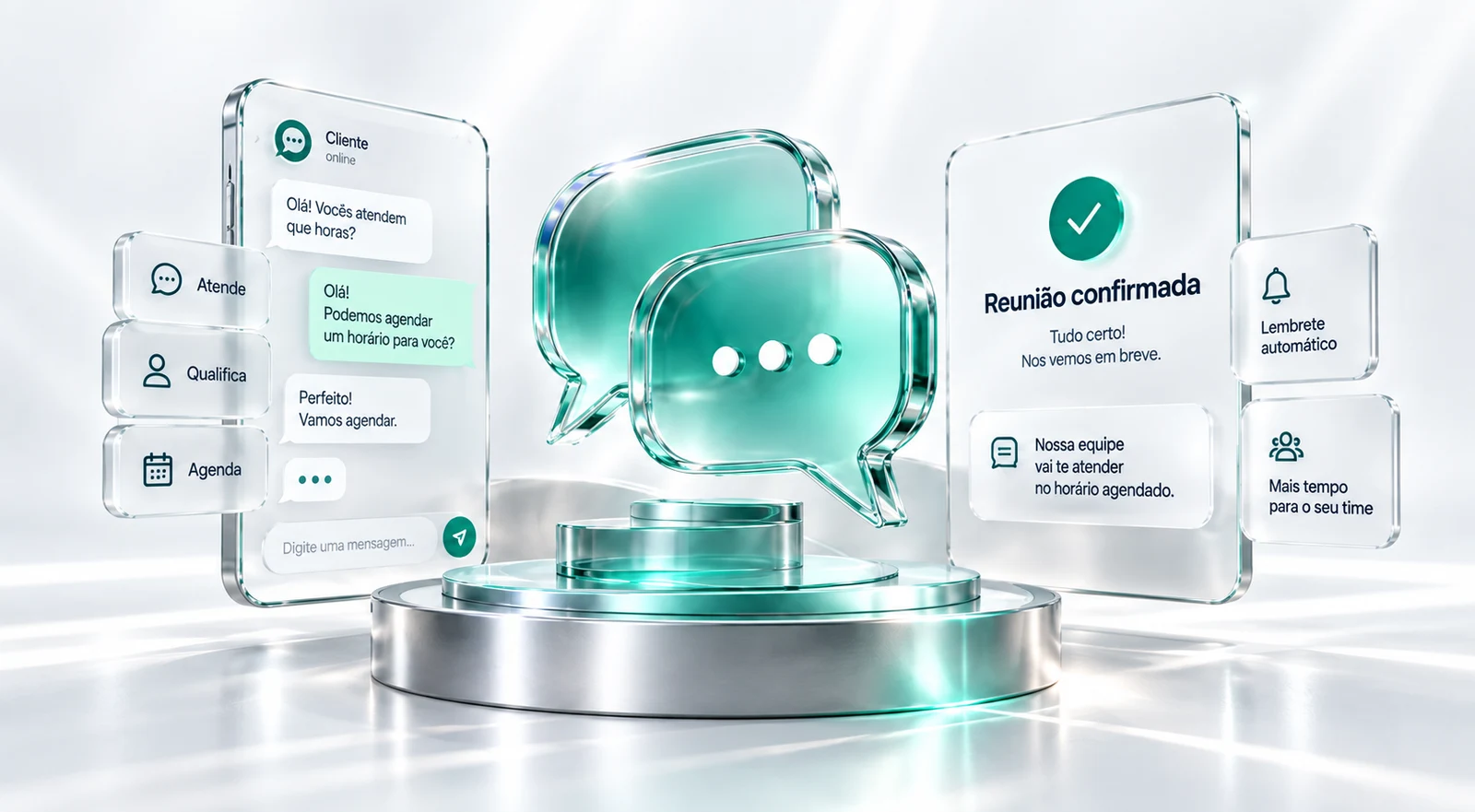 Ecossistema 3D em vidro e metal: conversas, qualificação e agendamentos conectados